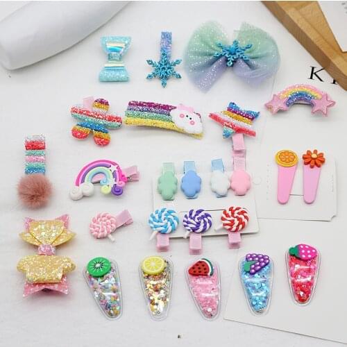 Hair Clips Kawaii Cartoon Rainbow Snow Bow Glitter BB Clip Headwear Hairpins Tie For Girls Kids Bobby Hair Accessories