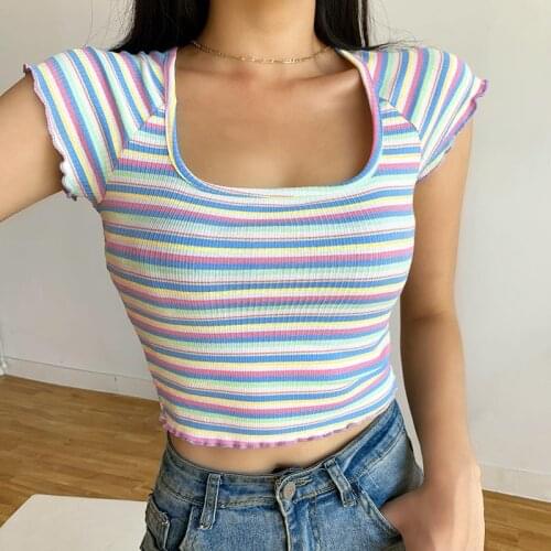 Women T-Shirt Fashion Short Sleeve Rainbow Striped Crop Top Short Sleeve Square Collar Ladies Sexy Cute Casual Cropped Blouses