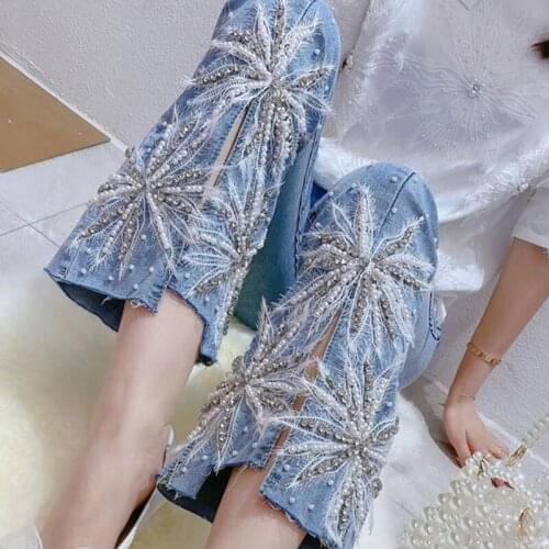 Beaded diamond split jeans womens 2021 new high waist slim three-dimensional flower flare pants