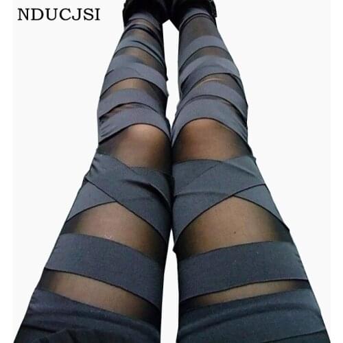 NDUCJSI Women Bandage Leggings Charming Slim Lady Splicing Pants Stretch Sexy Legging Black Trousers