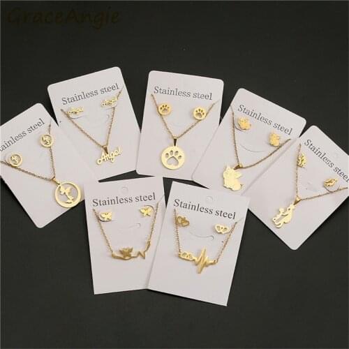 Stainless Steel Angle Pig Mum Plants Flowers Butterfly Pendant Necklace Sets For Women Gold Color Stud Earrings 2021 New Trendy