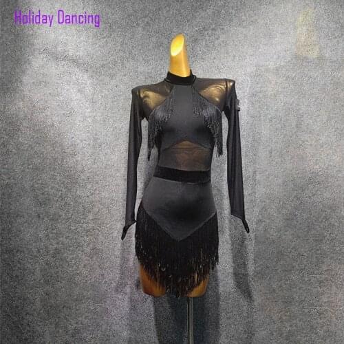 Fringe Women Latin Dance Dress Long Sleeve Tassel Dancing Practise Cloth Samba Tango Chacha Dancing Performamnce T048
