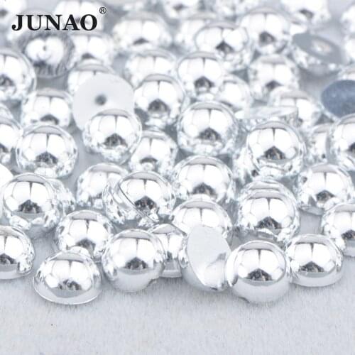 JUNAO 2 4 6 8 10 12 14mm Silver Gold Color Half Round Flatback Imitation Pearls Half Beads Rhinestone Decoration Strass Stickers