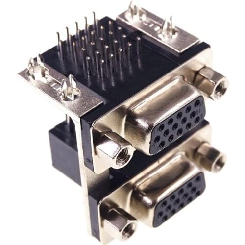2pcs Dual Port D-Sub Connector VGA Receptacle Connector 15 Pin Female Socket 2 Ports Right Angle Through Hole