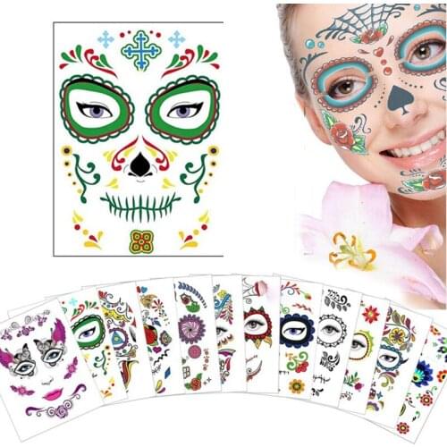 Face Art Temporary waterproof tattoo Day of the Dead Halloween Sugar Skull Face Tattoos Kit Skull Bone Roses Floral stickers