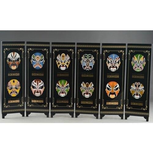 Exquisite Chinese Lacquer Ware Handwork Painting Six Fans Beijing Opera Mask Folding Screen