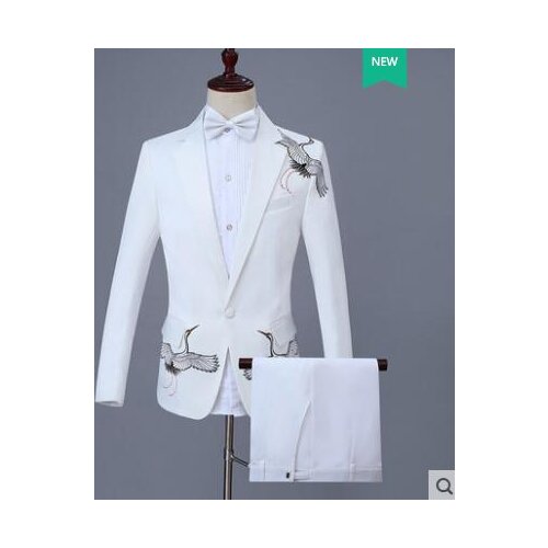 Chorus groom suits for men blazer embroidery red-crowned crane fashion slim mens masculino latest coat pant designs singer stage