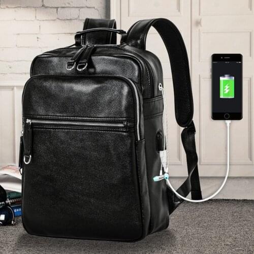Coofit Anti-theft USB Charging Mens Backpack Casual Leather School Backpacks Black Travel Backpack With USB Charging Port Boys