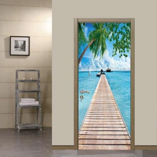 Coconut Trees Sea Breezes Bridge DIY Door Wall Stickers Home Decor Living Room Art Mural Self-adhesive Removable PVC Wallpaper