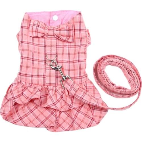New Dog Cat Dress Shirt Plaid&Bow with Matching Dog Leash Pet Puppy Skirt Spring/Summer clothes apparel 5 sizes