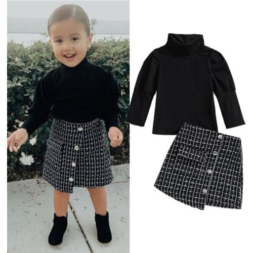 Autumn New Princess Party Baby Girls Plaid Half Dress Tops Set Long Sleeve High Neck Knitwear Pockets Irregular Hem Skirts Suit