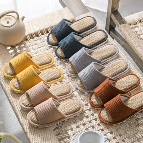 New Female Home Flax Slippers Couple Open Toe Indoor Floor Linen Slides Non-Slip Flip Flops Comfortable Womens House Shoes