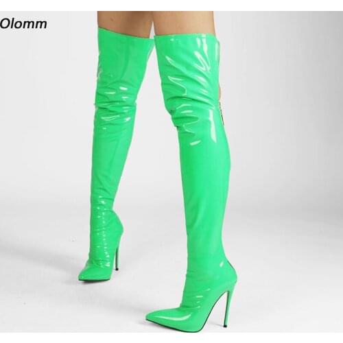 Olomm Fashion Women Winter Shiny Over Knee Boots Stiletto Heels Pointed Toe Green Purple Fuchsia Night Club Shoes US Size 5-15
