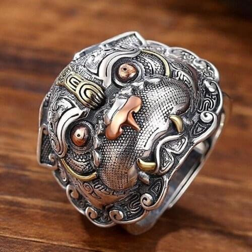Original design two-color Chinese style retro culture Pixiu jewelry set exaggerated domineering mens charm ring pendant