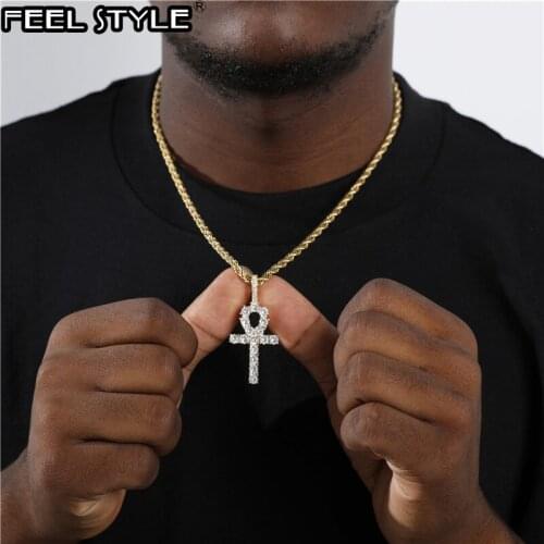 Hip Hop Silver Color Bling CZ Ankh Cross Iced Out Cubic Zirconia Necklaces & Pendants For Men women Charm Jewelry