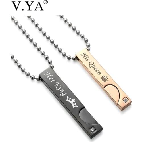 V.Ya DIY "Her King & His Queen" Couple Necklaces with White Crytal Stone Love Heart Crown Charm Necklaces For Women Men Dropship