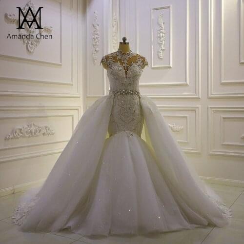 Vestido de boda High Neck Lace Applique Detachable Skirt Off White Wedding Dress