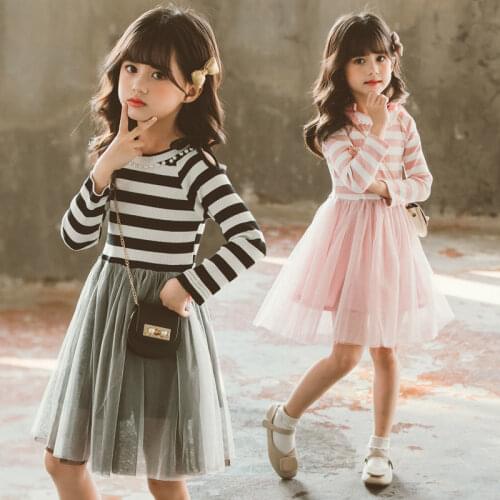 Teenage Girls Beading Dresses Winter Kids Color block Tulle Fabric Striped Long Sleeve Dress Girl Outfits for 9 10 11 12 Years