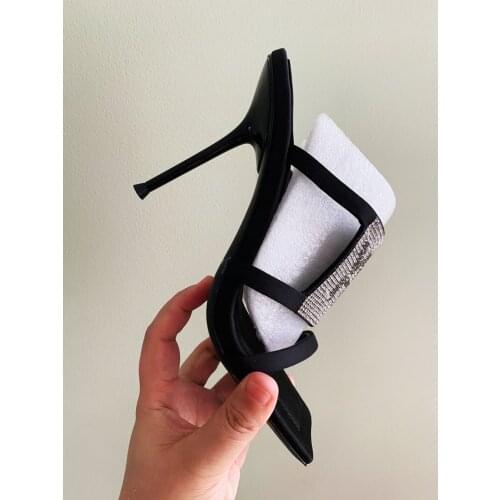 Casual Designer Women Sandals Black Satin Slik Genuine Leather Crystal Strass Strappy High Heels Sandalias mujeres Zapatos