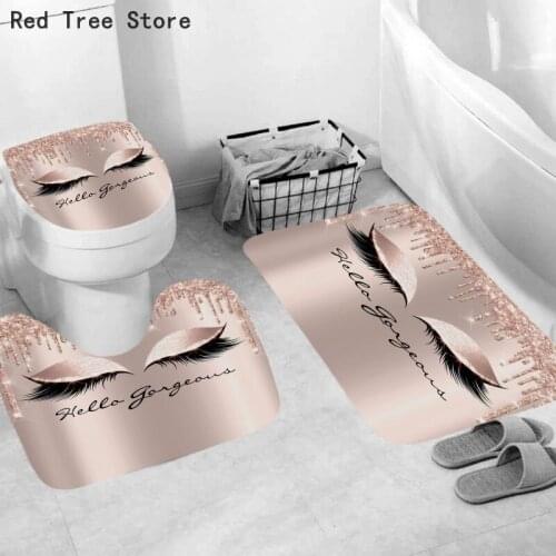 Eyelash White Pink 3D Print 3pcs Set Waterproof Shower Curtain + 12 Hooks Polyester Non-Slip U Shape Mat Rug Toilet Covers Decor