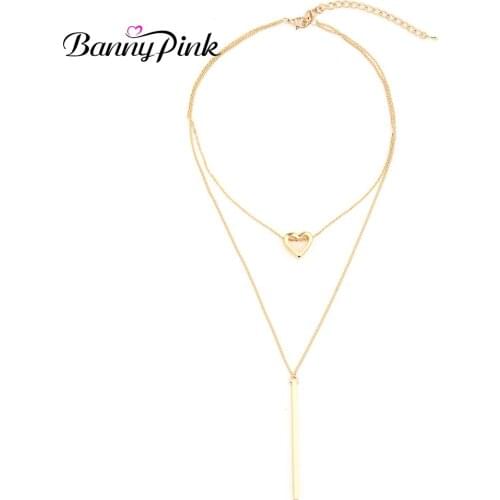 Banny Pink Shiny Long Stick Bar Pendant Choker Necklace Love Hollow Heart Dangle Choker Collar Layer Chain Necklaces Clavicle