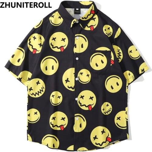 Hip Hop Shirt Men Harajuku Smile Face Print Summer Beach Shirt Pocket Hawaiian Short Sleeve Fashion Tops Streetwear Clothing
