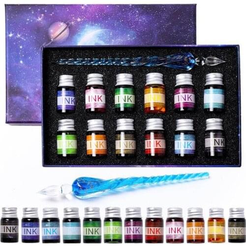 13 Pcs/Box Glitter Galaxy Glass Pen Blue Crystal Dip Pen 12 Colors Ink Handmade Gift Stationery Writing Drawing Art Supplies