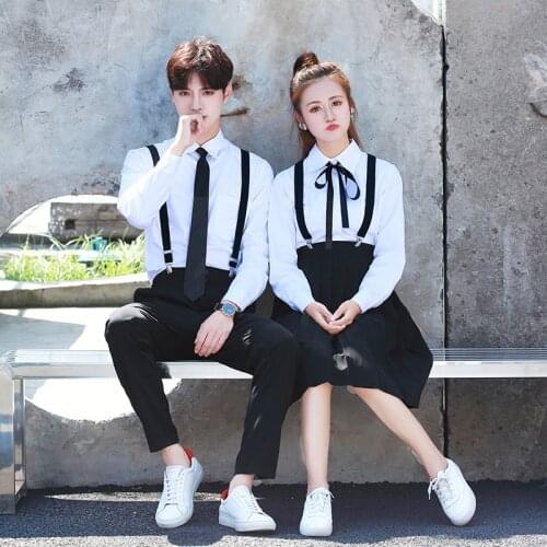 Korean School Uniform Girls Jk Navy Sailor Suit boy Japanese School Uniform Cotton White shirt +Straps Skirt for Summer autumn