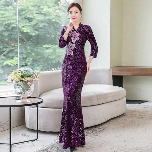 Formal dresses evening gown 2020 new fashion high-end dress skirt wedding party evening purple sequin long cheongsam dress