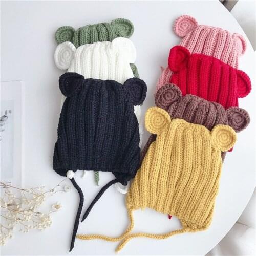 Knitted Winter Baby Hat with Ears Cartoon Lace-up Children Kids Baby Bonnet Cap for 1-3 Years 5 Colors