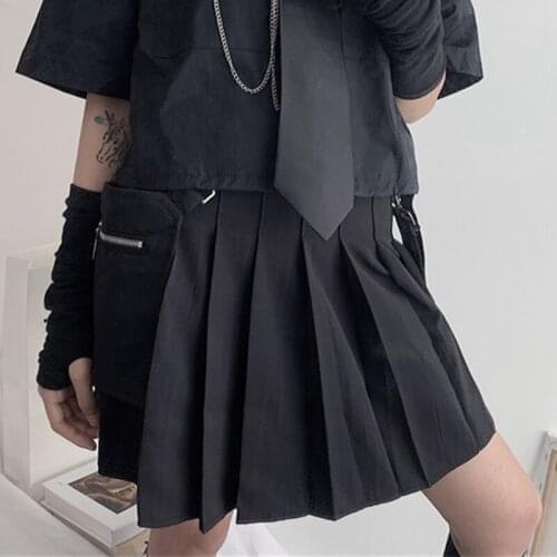 Korean Harajuku Women Solid Vintage A-Line Skirts Casual Tooling Style Female High Waist Sashes Mini Pleated Skirts
