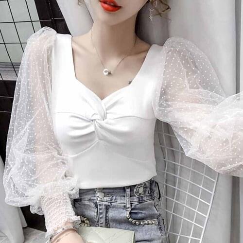 2021 Autumn Sexy See Through Square Collar Slim Blouse Fashion Polka Dot Mesh Long Sleeve Womens Shirts Lace Women Tops 12075