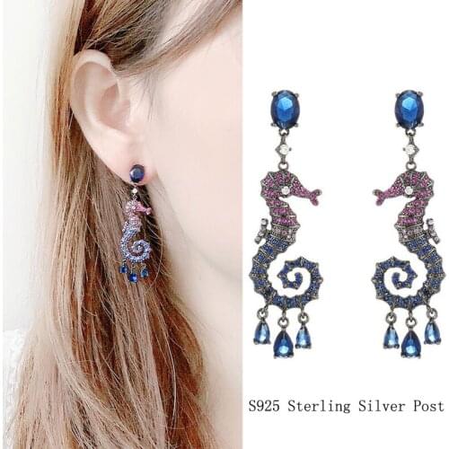 AAA+ Quality Vintage Silver Dangle Earrings for Women S925 Silver Post Fashion Fancy CZ Crystals Seahorse Animal Earrings