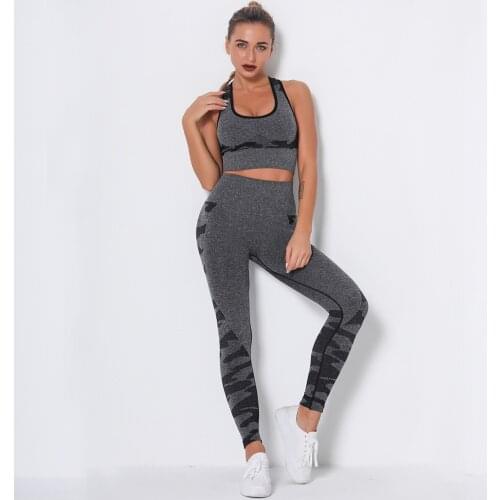 Womens seamless camouflage bra set high stretch slim fitness yoga exercise two-piece suit