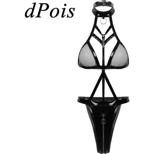 Womens Bodysuit One-piece Wet Look Patent Leather Sexy Body Suit Halter Neck Fishnet Cups Zippered Crotch High Cut Thong Leotard