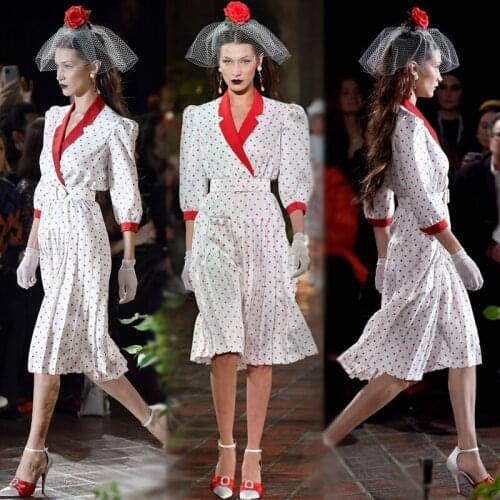 2021 Spring Autumn New Design Chic Retro Dot Dress Red Collar Splicing Contrast Color Women Elegant Temperament Dresses