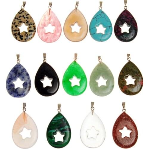 6pcs Mixed Tears Drop Hollow Pentagram Shape Pagan Healing Charm Beads Rock Crystal Quartz Stone Pendants New Age Jewelry Free
