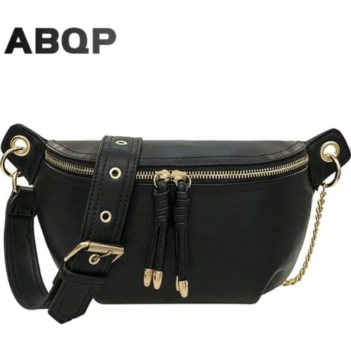 ABQP Leather Women Belt Bag Designers Metal Chains Female Waist Bag Large Capacity PU Leather Fanny Pack For Women