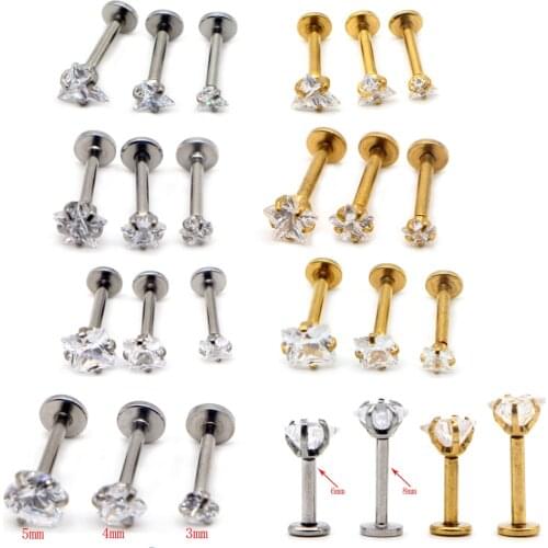 Alisouy 1Pc 16G 3 4 5mm Labret Tragus Earring Punk Squre Heart Star Triangle CZ Gem Lip Ring Ear Cartilage Piercing