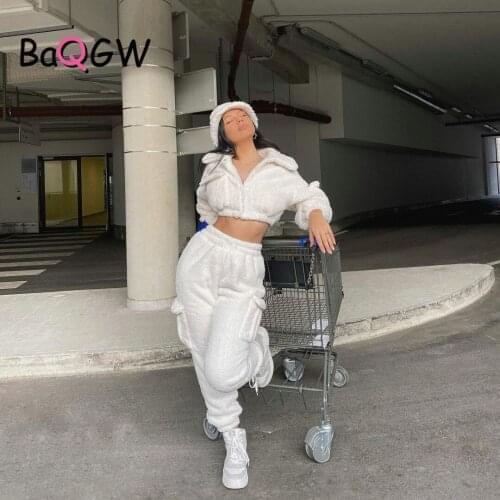 BaQGW Winter Women Teddy Faux Fur Two Piece Sets Casual Fluffy Streetwear Full Sleeve Sweatshirt +Pants Sportswear Women Outfits