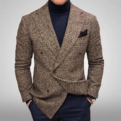 Mens Plaid Business Casual Blazer Double Breasted Jacket Lapel Wearcoat Elegant D22