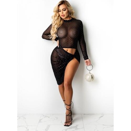 DPSDE 2021 Summer Womens Fashion Sexy Long Sleeve Round Neck Hollow Belly Button Irregular Slit Dress