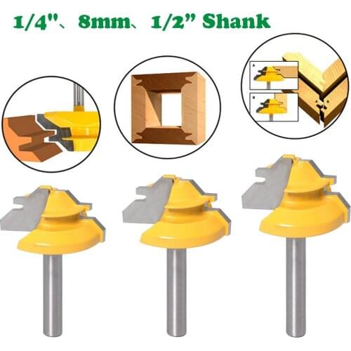 45 Degree Lock Miter Router Bit 1/4” 8 1/2“ Shank Woodworking Tenon Milling Cutter Tool Drilling Milling For Wood Carbide Alloy