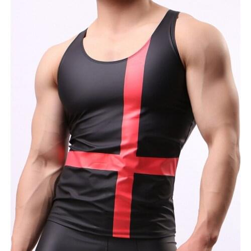 Sexy Mens T-shirt Vest Sleeveless PU Leather T Shirts Latex Mannen Costume Fitness Sports Gay Undershirt Streetwear Tops Tee