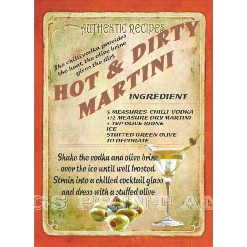 Hot and Dirty Martini Cocktail Theme Metal Tin Signs 12x8 Inch Wall Decor Sign