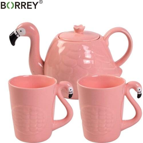 BORREY Ceramic Tea Sets Flower Teapot Teacup Flamingo Coffee Pot Mug Puer Tea Kettle Decoration Porcelain Tea Set Wedding Gift