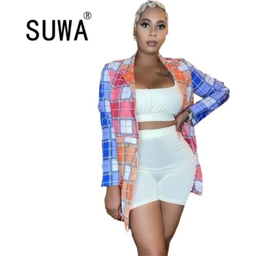 Classic Fashion Colorful Plaid Printed Long Sleeve Blazer Women Top Blouses Slim Office Wear Jacket Wholesale Product