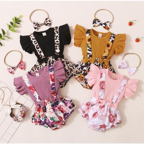 Toddler Baby Girls Sets Solid Tops+floral Leopard Printing Pattern Suspender Shorts Outfits Summer Clothes Conjuntos Para Bebé