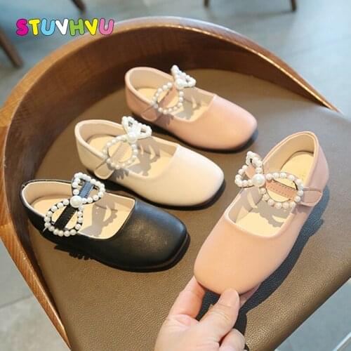 Beige Pink Black Leather Children Shoes Spring Autumn Pearl Bowknot Girls Shoes Princess Student Performance Dance Shoe for Kids