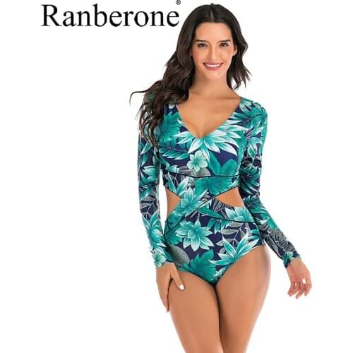 Ranberone 2020 Swimsuit Women Bikini Sexy Push Up Swimwear One Piece Bathing Suit Cross Hollow Out Long Sleeve Monokini New